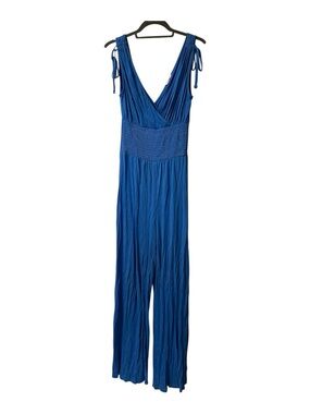 Blue Sleeveless V-Neck Smocked Waist Jumpsuit